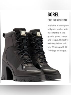 SOREL Brex Heel Lace Waterproof Platform Heeled Boots Black Leather Size 9.5
